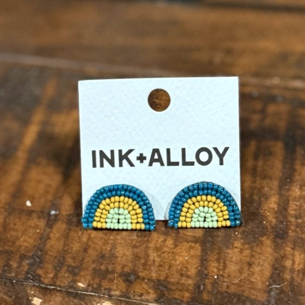 NWT INK + ALLOY Multi-Colored Seed Glass Beaded Rainbow Arch Stud Earrings.